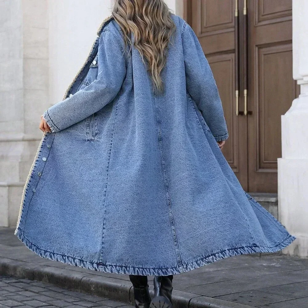 Blue Casual Women's Trendy Fleece-Lined Long Denim Jacket - Picture 7 of 7